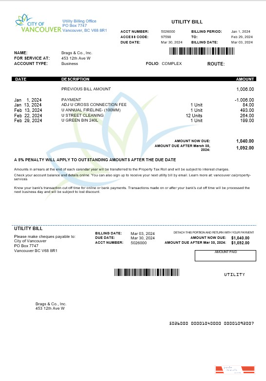 Canada British Columbia City of Vancouver business utility bill PSD template